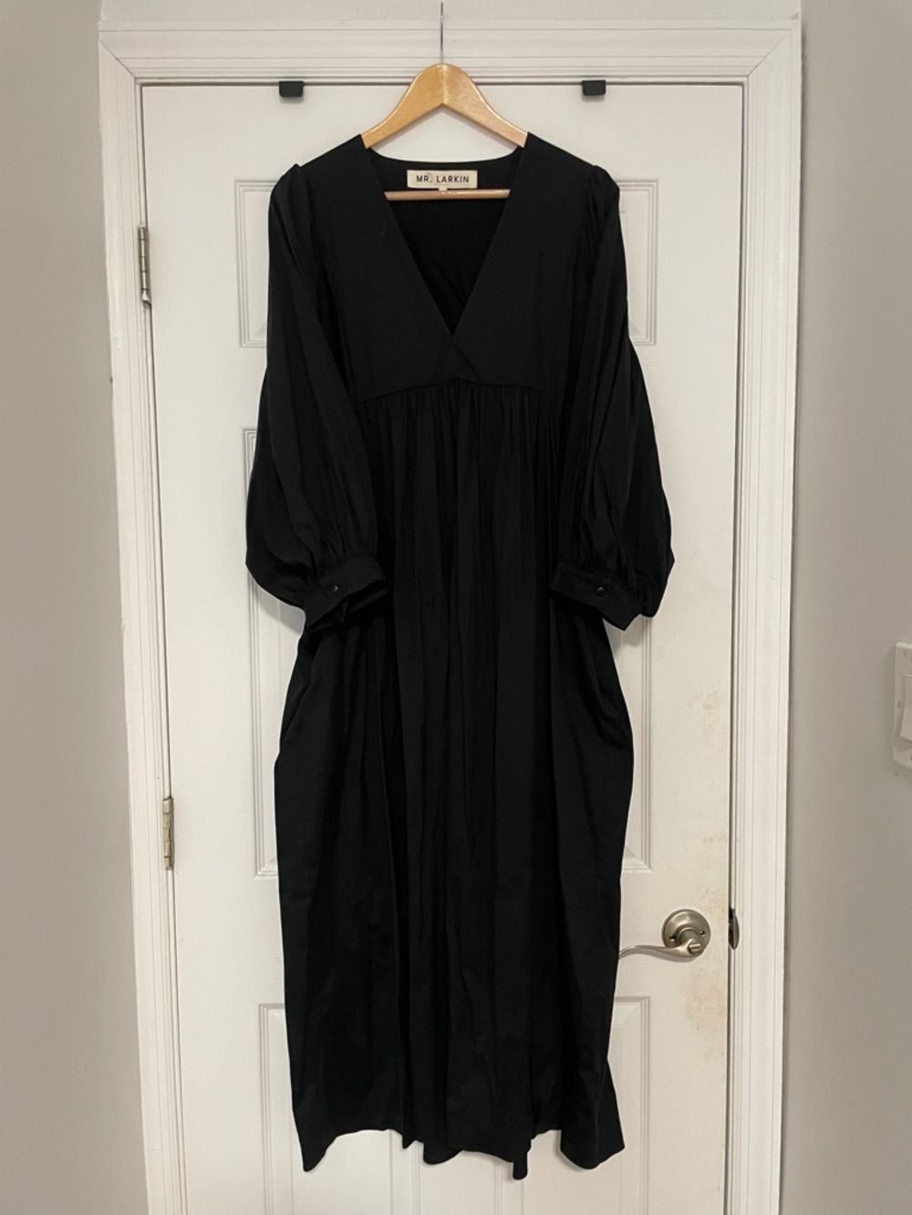 Mr. Larkin Mabel Black Cotton Poplin Midi Dress with Puff Sleeves